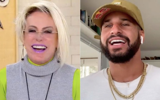 Ana Maria Braga sorridente, com blusa cinza sobreposta a uma verde; Ítalo Ferreira de barba, boné marrom e camiseta branca
