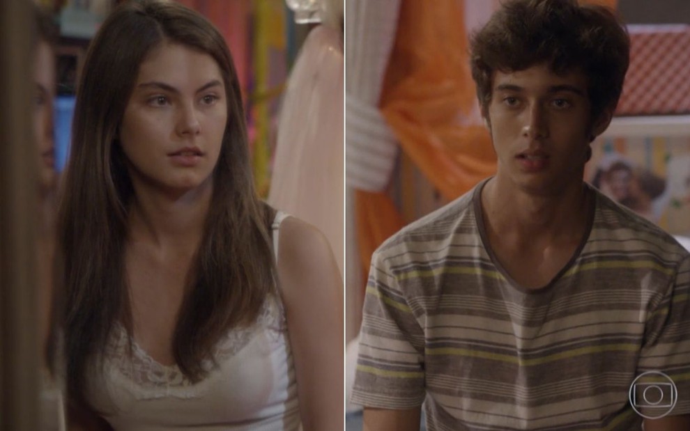 Bruna Hamú e Guilherme Hamacek gravam cena próximos, com expressão séria em Malhação Sonhos, como Bianca e João