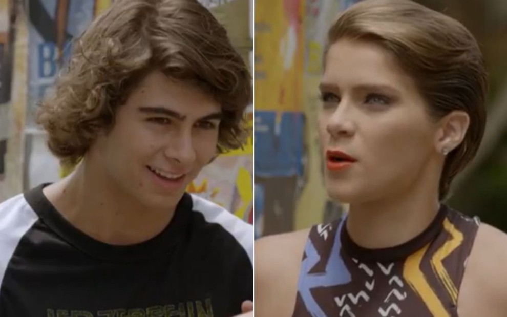 Rafael Vitti grava cena sorrindo para Isabella Santoni, que aparece tensa, como Pedro e Karina em Malhação, da Globo