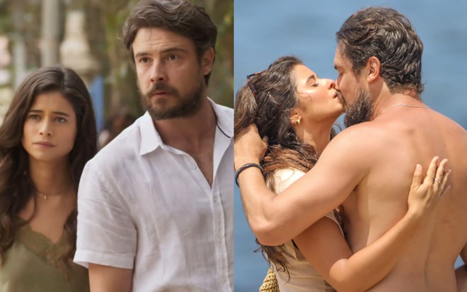 Montagem com uma foto de Isadora Cruz e Sergio Guizé em cena de Mar do Sertão e uma dos dois na praia, abraçados