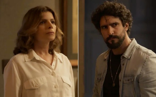 Montagem com Debora Bloch como Deodora à esquerda e Renato Góes como Tertulinho à direita em cenas de Mar do Sertão