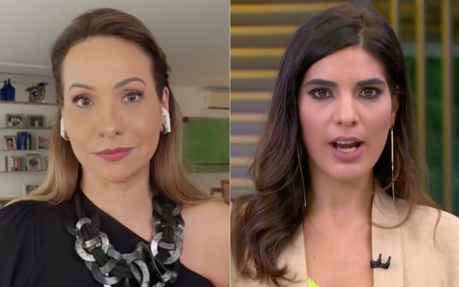 Maria Beltrão com uma camisa preta e Andreia Sadi com uma camisa bege