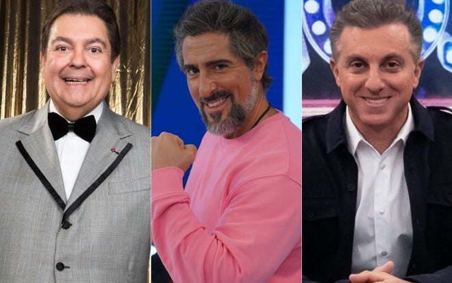 Montagem com fotos de Fausto Silva, Marcos Mion e Luciano Huck