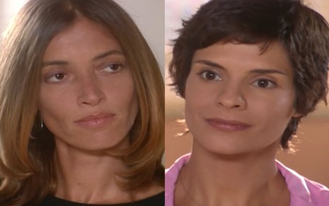 Montagem com uma foto de Joana Medeiros, a Eleonora, e outra de Helena Ranaldi, a Raquel, em cena de Mulheres Apaixonadas