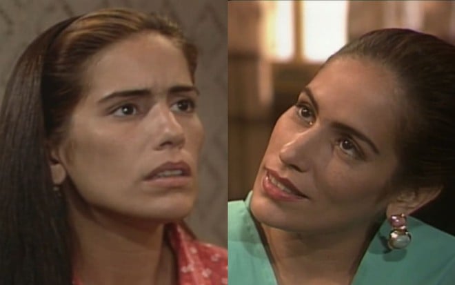 Montagem com duas fotos de Gloria Pires. Em uma, ela está caracterizada como Ruth e demonstra indignação. Na outra, a atriz interpreta Raquel e exprime deboche.