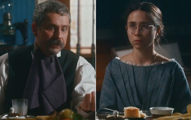 Montagem com o ator Alexandre Nero como Tonico à esquerda e a atriz Daphne Bozaski à direita em cena de Nos Tempos do Imperador