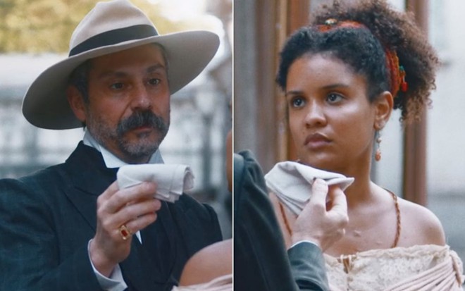 Montagem com o ator Alexandre Nero como Tonico à esquerda e a atriz Heslaine Vieira como Zayla à direita em cena de Nos Tempos do Imperador