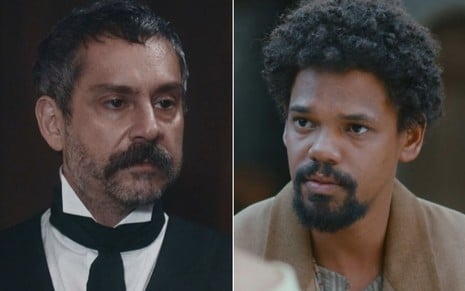 Montagem com o ator Alexandre Nero à esquerda como Tonico e o ator Michel Gomes à direita como Samuel em cena de Nos Tempos do Imperador