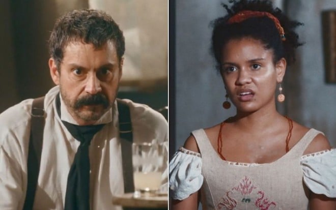 Montagem com o ator Alexandre Nero como Tonico à esquerda e atriz Heslaine Vieira como Zayla à direita em cena de Nos Tempos do Imperador