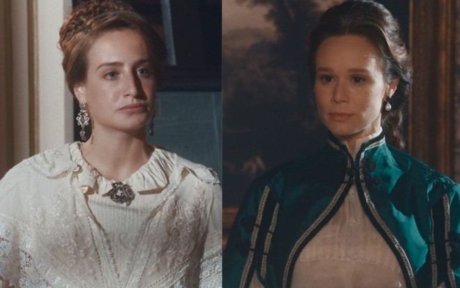 Montagem com as fotos de Leopoldina (Bruna Griphao) e Luísa (Mariana Ximenes); as duas estão em pé na sala de estudos da Quinta da Boa Vista em cena de Nos Tempos do Imperador