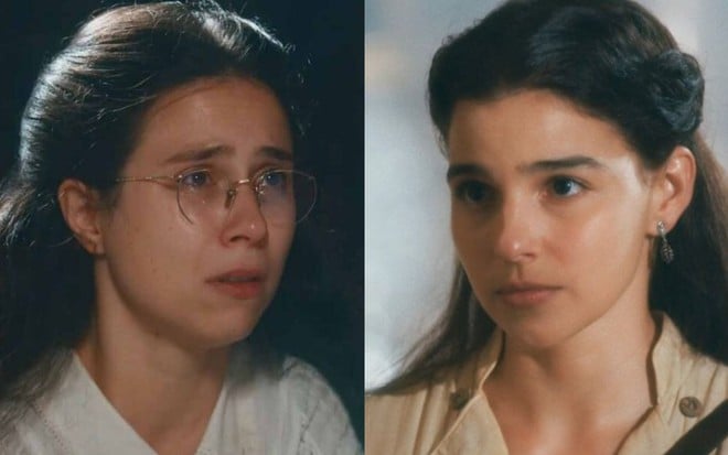 Montagem com as fotos de Dolores (Daphne Bozaski) e Pilar (Gabriela Medvedovski); a caçula chora, e Pilar olha fixamente em cena de Nos Tempos do Imperador