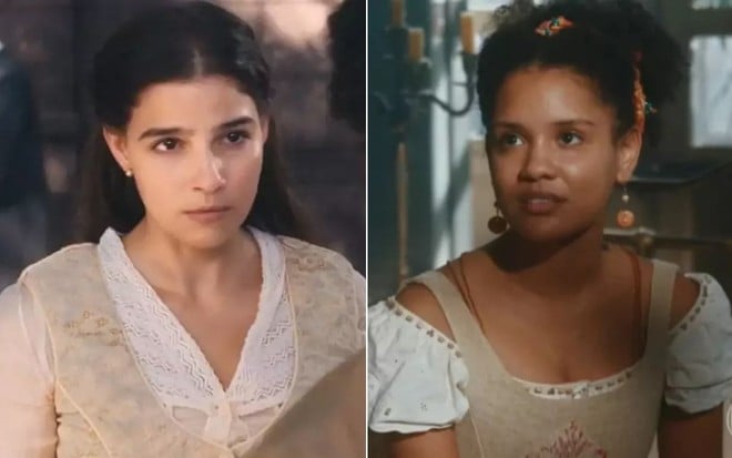 Montagem com a atriz Gabriela Medvedovski à esquerda como Pilar e a atriz Heslaine Vieira como Zayla à esquerda em cena de Nos Tempos do Imperador