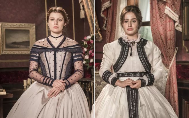 Montagem das atrizes Giulia Gayoso e Bruna Griphao, ambas sérias e com vestidos de época como Isabel e Leopoldina