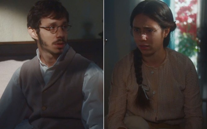 Montagem com o ator João Pedro Zappa à esquerda como Nélio e a atriz Daphne Bozaski como Dolores à direita em cena de Nos Tempos do Imperador