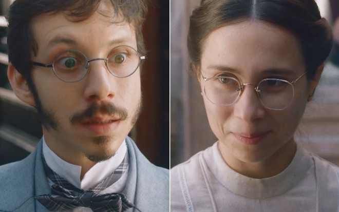 Montagem com o ator João Pedro Zappa à esquerda como Nélio e a atriz Daphne Bozaski como a Dolores à direita em cena de Nos Tempos do Imperador