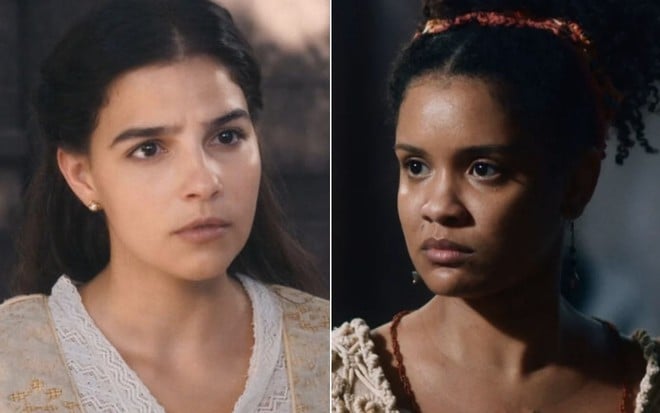 Montagem com a atriz Gabriela Medvedovski à esquerda como Pilar e a atriz Heslaine Vieira à direita como Zayla em Nos Tempos do Imperador