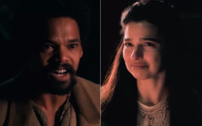 Montagem dos atores Michel Gomes, possesso, e Gabriela Medvedovski, chorando, como Samuel e Pilar de Nos Tempos do Imperador