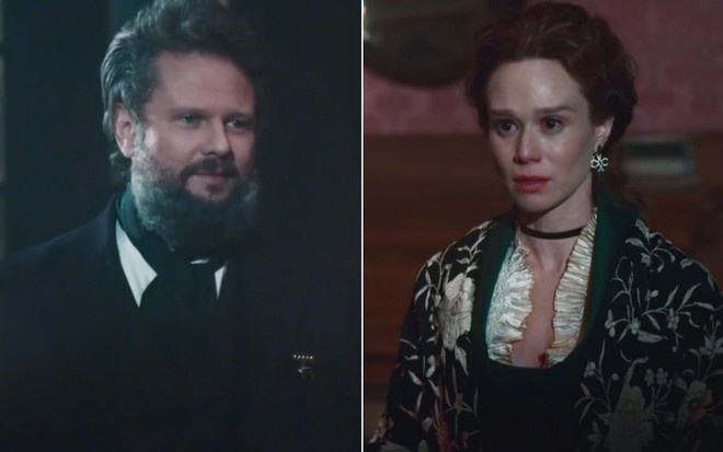 Montagem com Selton Mello como Pedro à esquerda e Mariana Ximenes como Luísa à direita em cena de Nos Tempos do Imperador