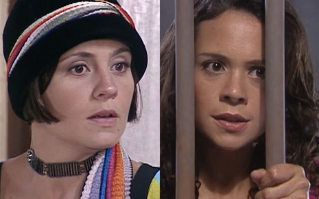 Montagem com foto de Adriana Esteves, a Catarina, e Vannessa Gerbelli, a Lindinha, em cenas de O Cravo e a Rosa