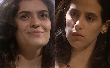Montagem com foto de Arieta Corrêa, a Chiquita, e Mariana Lima, a Liliana; a primeira parece exultante, enquanto a segunda está confusa em cena de O Rei do Gado