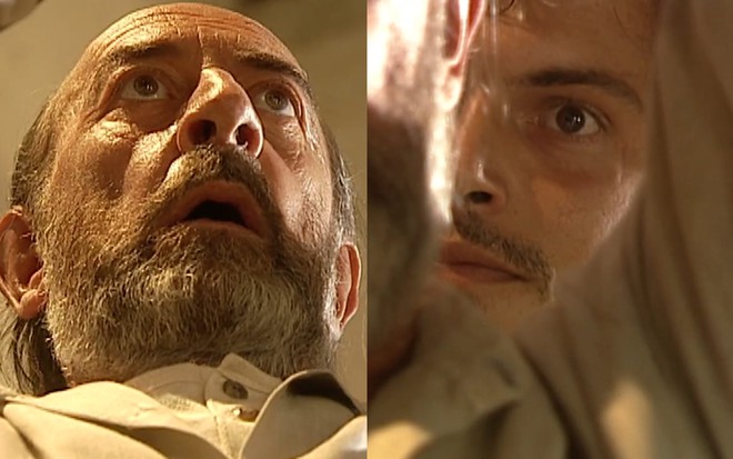 Montagem com uma foto de Raul Cortez, de boca aberta e olhos arregalados, e outra de Manuel Boucinhas, escondido por trás dos braços do colega, em cena de O Rei do Gado