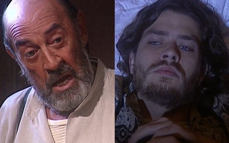 Raul Cortez como Geremias em O Rei do Gado; ele tem o semblante sisudo e levemente espantado, com a boca comprimida e os olhos arregalados, em cena da novela