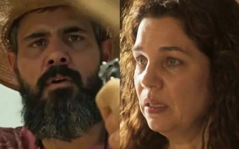 Montagem com Juliano Cazarré e Isabel Teixeira em cenas de Pantanal; o ator está sob a mira de uma arma, e a atriz está chorando