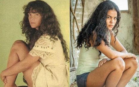 Montagem com a atriz André Richa e Bella Campos caracterizadas como a personagem Muda da novela Pantanal