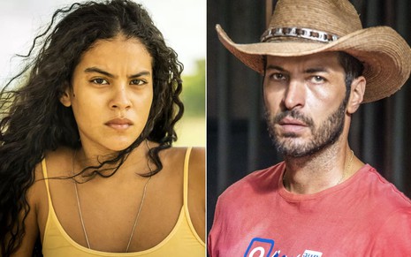 Montagem com a atriz Bella Campos como a Muda à esquerda e o ator Leandro Lima como Levi à direita em cena de Pantanal
