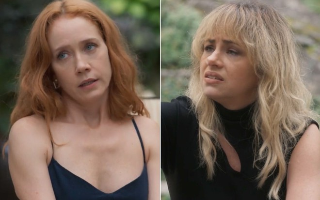 Montagem com a atriz Camila Morgado (à esquerda) como a Irma e a atriz Karine Telles (à direita) como Madeleine em cenas de Pantanal