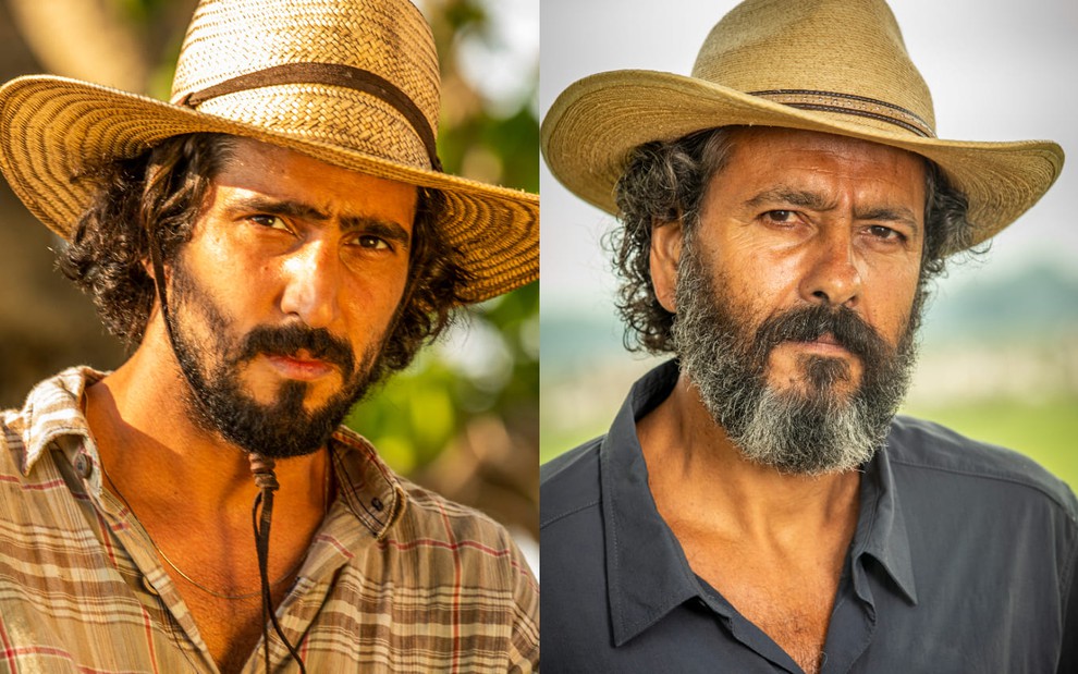 Montagem de Renato Góes e Marcos Palmeira em diferentes fases de Pantanal; ambos usam barba por fazer e cabelos cheios, e vestem camisa e chapéu de palha em ensaio de divulgação de Pantanal