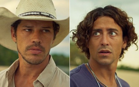 Montagem com o ator José Loreto à esquerda como Tadeu e o ator Jesuita Barbosa à direita como Jove em cenas de Pantanal