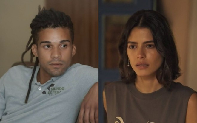 O ator Lucas Leto e Julia Dalavia em montagem de fotos com ambos caracterizados como seus personagens em Pantanal