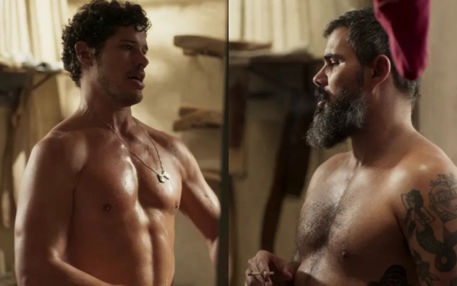 José Loreto e Juliano Cazarré gravam cena como Tadeu e Alcides em Pantanal