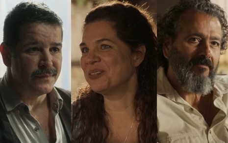 Murilo Benício, Isabel Teixeira e Marcos Palmeira e gravam cena como Tenório, Maria Bruaca e José Leôncio em Pantanal