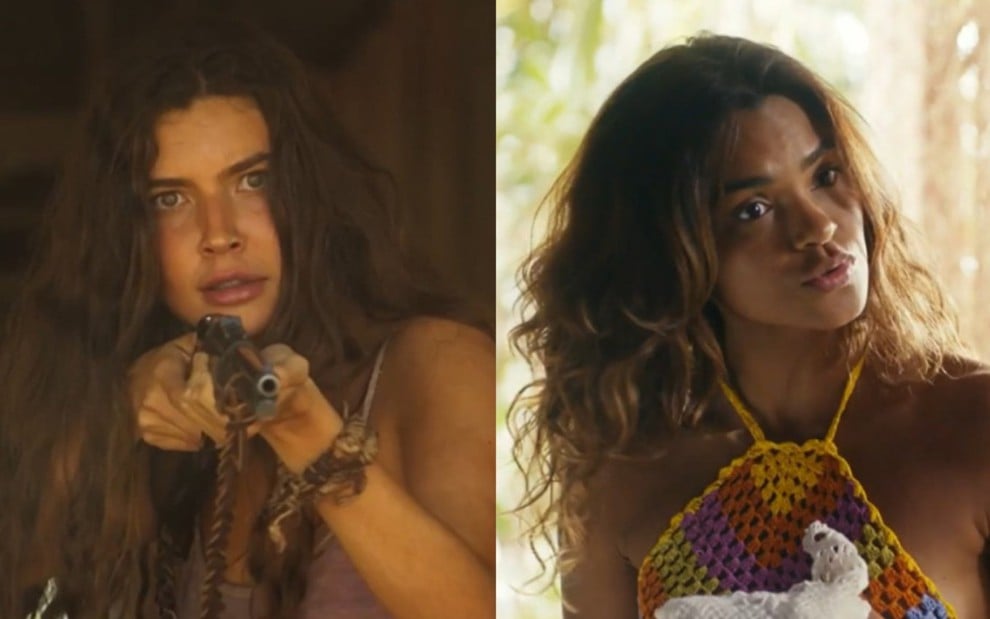 As atrizes Alanis Guillen e Lucy Alves como Juma e Brisa em Pantanal e Travessia; na montagem, a primeira está olhando para frente e apontando uma espingarda e a segunda está olhando para o lado enquanto conversa