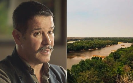 Montagem de fotos com Tenório (Murílo Benício) e imagem aérea do Pantanal exibida na novela das nove da Globo