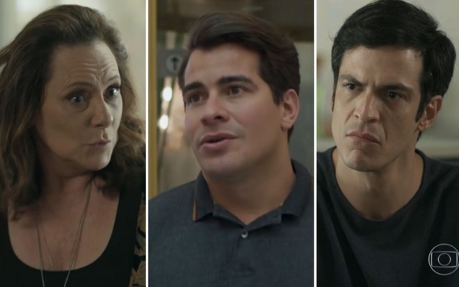 Montagem dos atores Elizabeth Savala, Thiago Martins e Mateus Solano como Arlete, Júlio e Eric