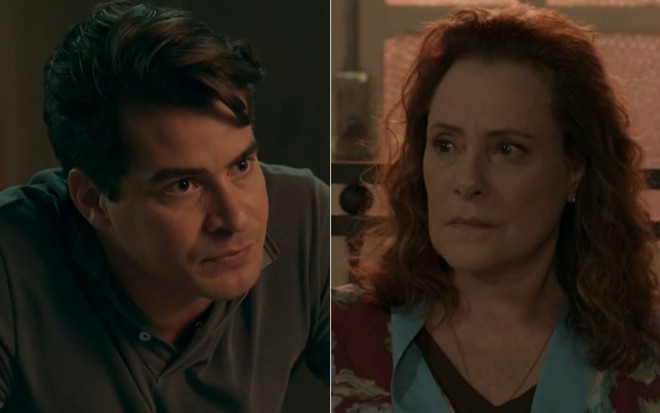Thiago Martins e Elizabeth Savala gravam cena de diálogo, ambos com expressão séria, como Júlio e Arlete