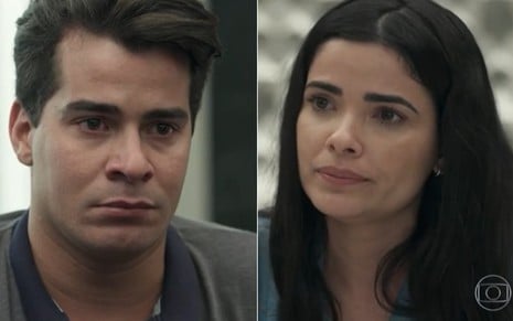 Montagem de Júlio (Thiago Martins) e Antônia (Vanessa Giácomo) chorando em cena de Pega Pega
