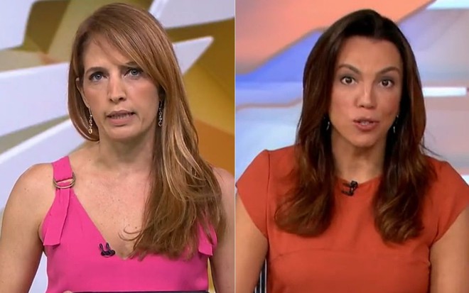 Poliana Abritta com um vestido rosa no Fantástico. Ana Paula Araújo usa uma blusa laranja no Bom Dia Brasil