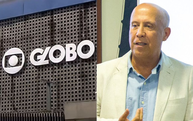 Montagem de fotos com logotipo da Globo em fachada e imagem do presidente da empresa, Jorge Nóbrega