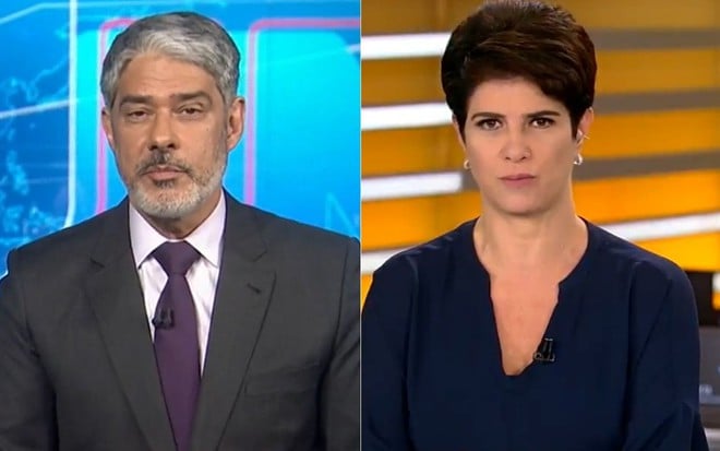 Montagem de fotos com William Bonner no Jornal Nacional e Mariana Godoy no Fala Brasil