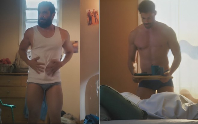 Montagem com Amaury Lorenzo à esquerda como Ramiro e Cauã Reymond à direita como Caio em cena de Terra e Paixão