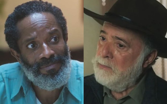 Montagem com uma foto de Flavio Bauraqui, o Gentil, e outra de Tony Ramos, o Antônio, em cena de Terra e Paixão
