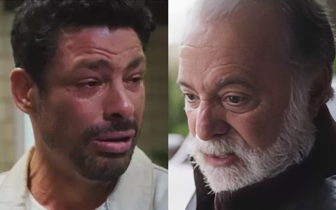 Montagem de imagens de Cauã Reymond, como Caio, e Tony Ramos, na pele de Antõnio, seus personagens em Terra e Paixão