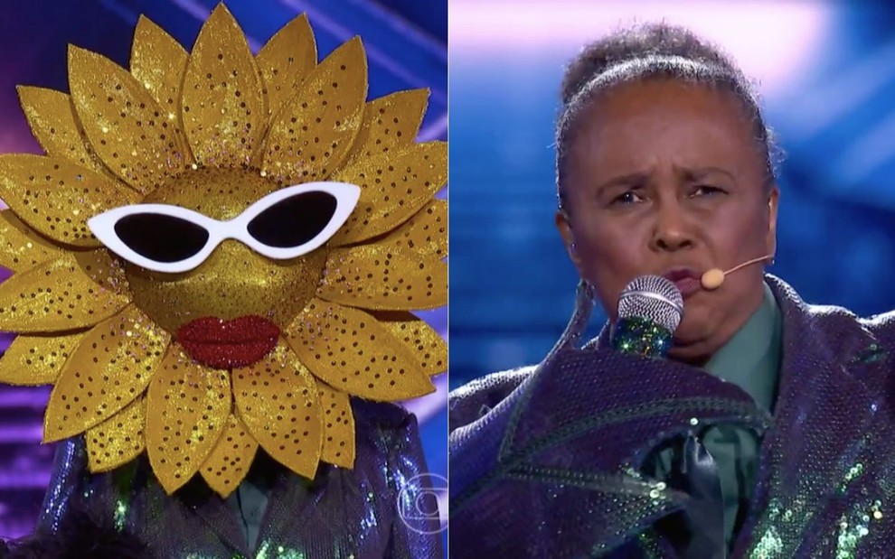 Montagem de fotos com a cantora Sandra de Sá no reality da Globo The Masked Singer; à esquerda ela está fantasiada de girassol, e à direita está sem a máscara e falando em um microfone
