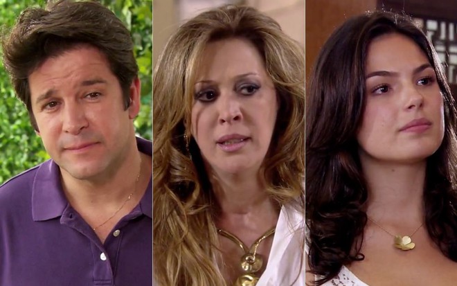 Montagem com os atores Murilo Benício, Claudia Raia e Isis Valverde em cena de Ti Ti Ti