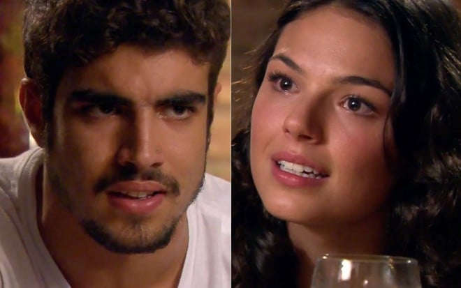 Montagem com os atores Caio Castro e Isis Valverde em cena de Ti Ti Ti