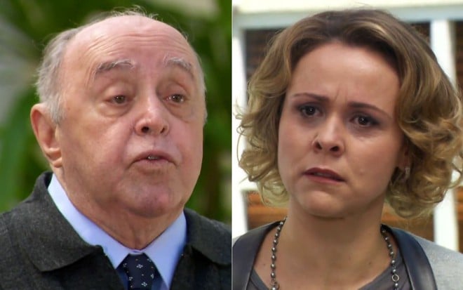 Montagem dos atores Mauro Mendonça e Giulia Gam em cena de Ti Ti Ti